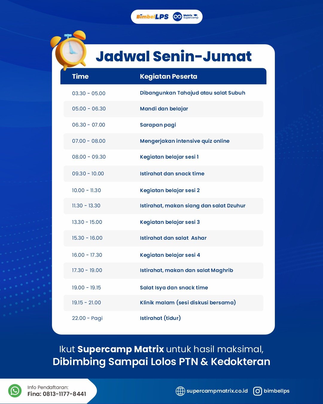 Jadwal belajar Senin sampai Jumat program karantina Supercamp persiapan UTBK SNBT